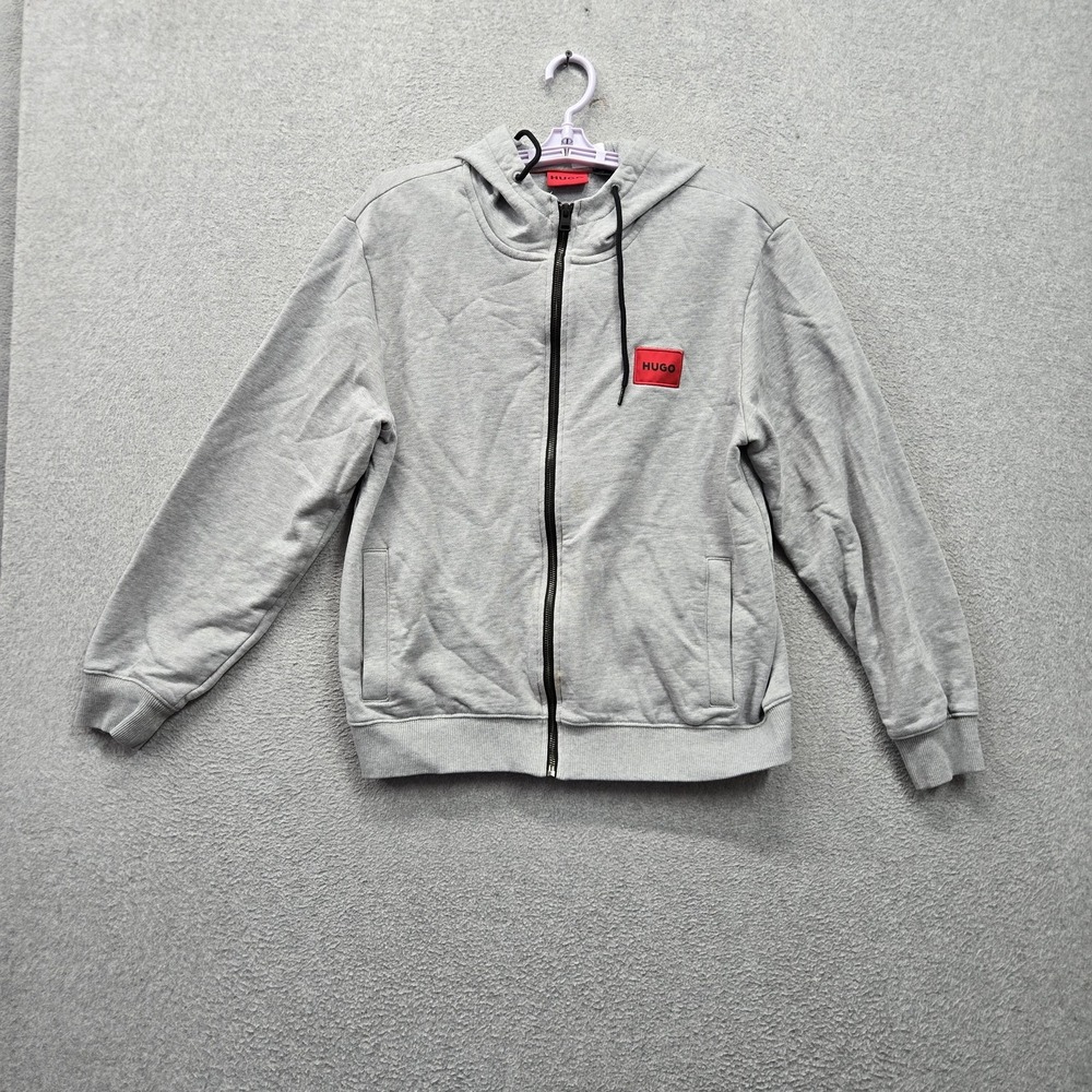 Hugo Men Hoodie M Gray Embroidered Logo Patch Activewear Full Zip Drawstring
